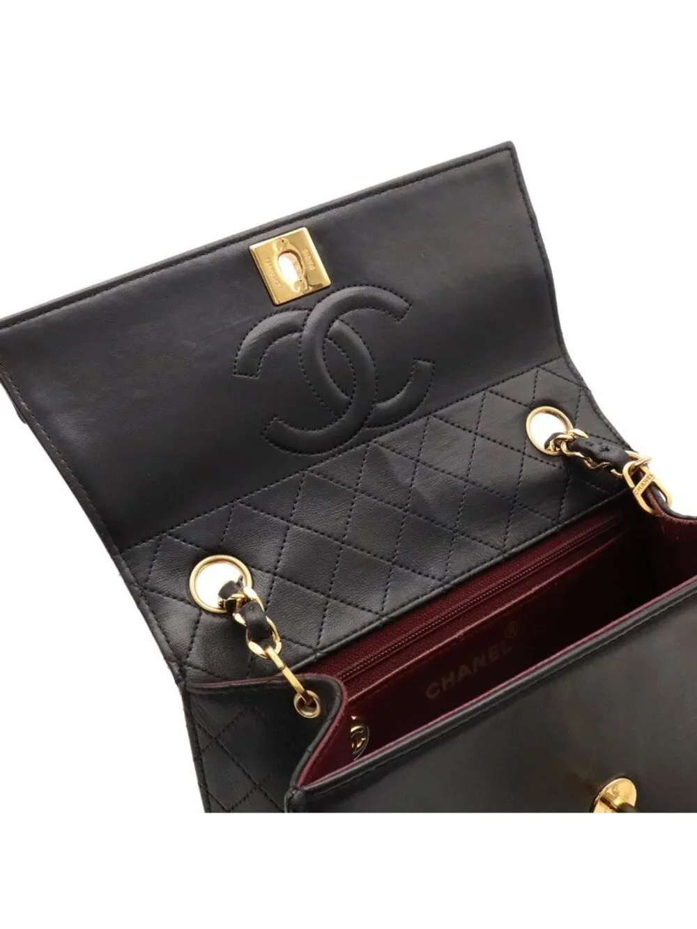 Chanel Quilted CC Logo Chain Shoulder Bag Pochette Leather Black Gold